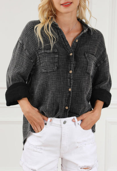 MINERAL WASH CRINKLE TEXTURED CHEST POCKETS SHIRT