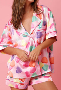 PINK FULL PATTERN SHIRT AND SHORTS SATIN PAJAMA SET