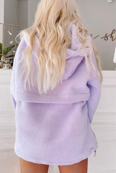 LAVENDULA ZIPPED PATCH POCKET FUZZY DRAWSTRING HOODIE