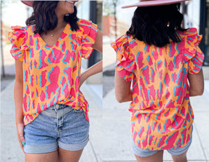 ORANGE ABSTRACT PRINT V NECK RUFFLED SLEEVE BLOUSE