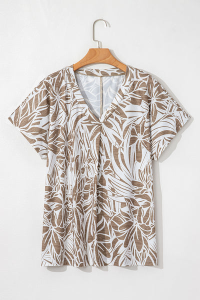 Khaki Floral Print V Neck Short Sleeve Loose Fit Blouse