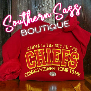 KARMA IS THE GUY ON KANSAS CITY CHIEFS DOUBLE LAYER APPLIQUE EMBROIDERED SWEATSHIRT