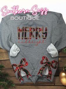 MERRY AND BRIGHT BLACK PLAID APPLIQUE ON GREY SWEATSHIRT -SIDE BOWS