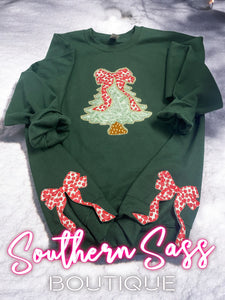 GOLD LINED CHRISTMAS TREE AND RIBBON APPLIQUE SWEATSHIRT WITH BOWS