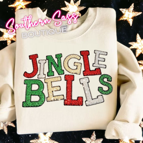 JINGLE BELLS APPLIQUED GLITTER DOT SEQUIN SWEATSHIRT