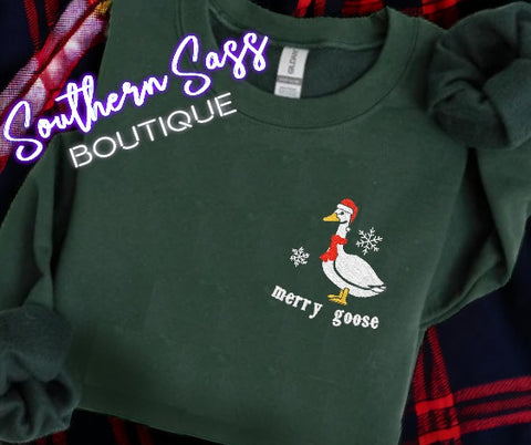 MERRY GOOSE OR HO HO HONK EMBROIDERED SWEATSHIRT