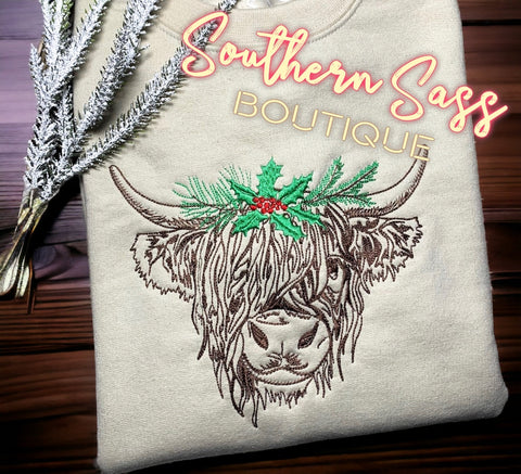 HOLLY HIGHLAND COW FULLY EMBROIDERED SWEATSHIRT