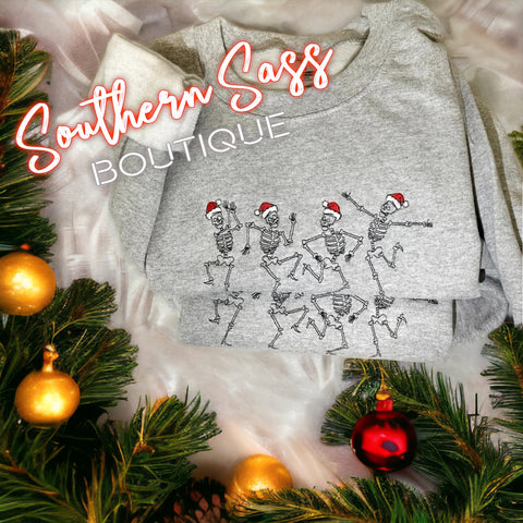 DANCING CHRISTMAS SKELETONS EMBROIDERED SWEATSHIRT