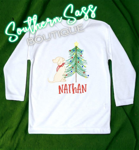 DOG WITH CHRISTMAS TREE EMBROIDERED KIDS TEE