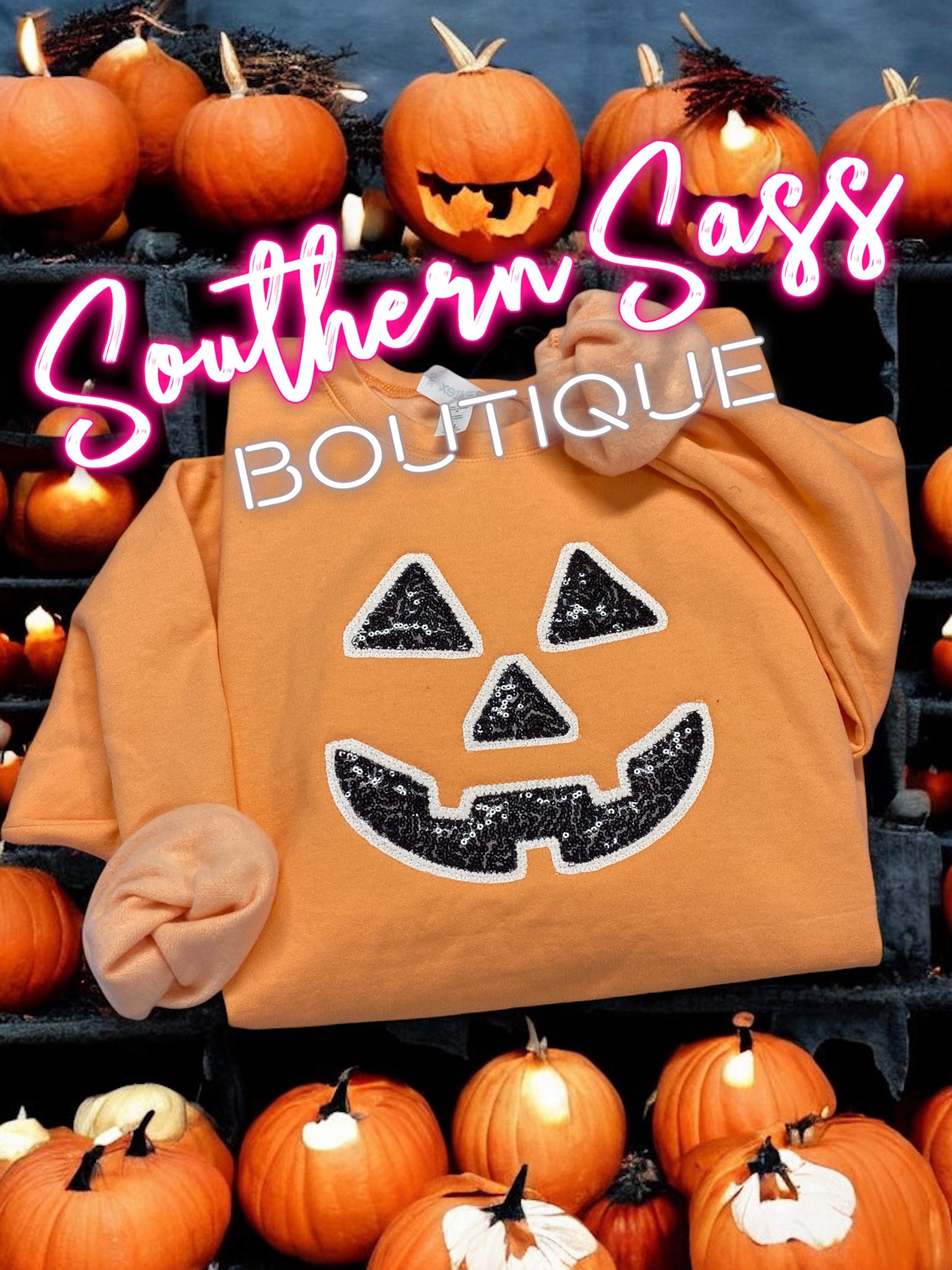 JACKOLANTERN FACE DOUBLE APPLIQUE SWEATSHIRT