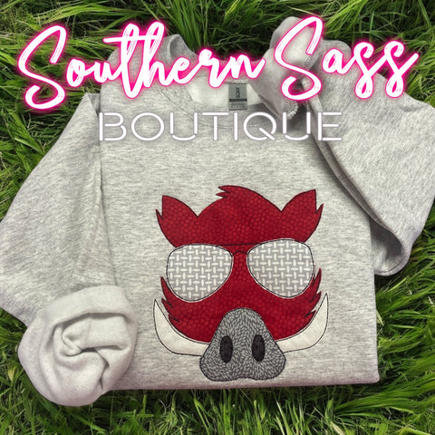 RAZORBACK WITH SUNGLASSES APPLIQUED SWEATSHIRT