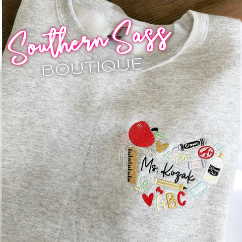 EMBROIDERED HEART SCHOOL SUPPLIES  WITH CUSTOM TEACHERS NAME SWEATSHIRT