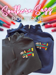 SCHOOL SUPPLY SPLIT CUSTOM TEACHER NAME QUARTER ZIP PULLOVER