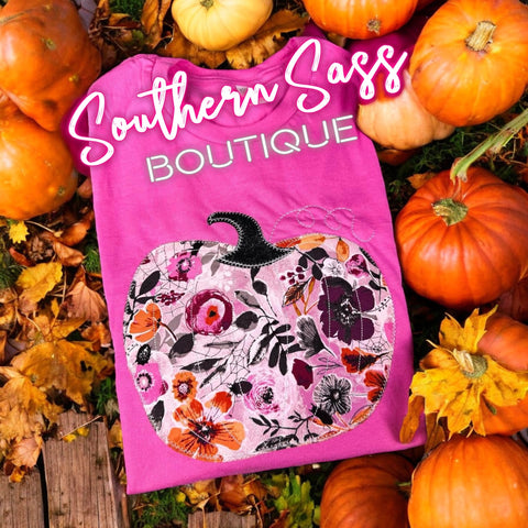 NEON PINK PUMPKIN APPLIQUE TEE