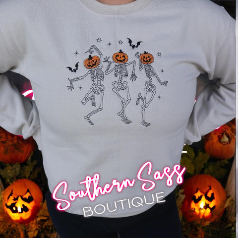 DANCING PUMPKIN SKELETONS EMBROIDERED SWEATSHIRT