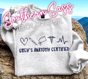 GREYS ANATOMY CERTIFIED EMBROIDERED TEE OR SWEATSHIRT