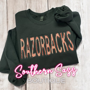 RAZORBACKS REVERSE APPLIQUE EMBROIDERED SWEATSHIRT
