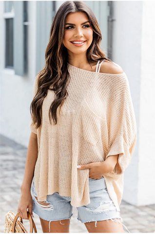 Apricot Loose Fit Split Pocket Half Sleeve Knitted Top