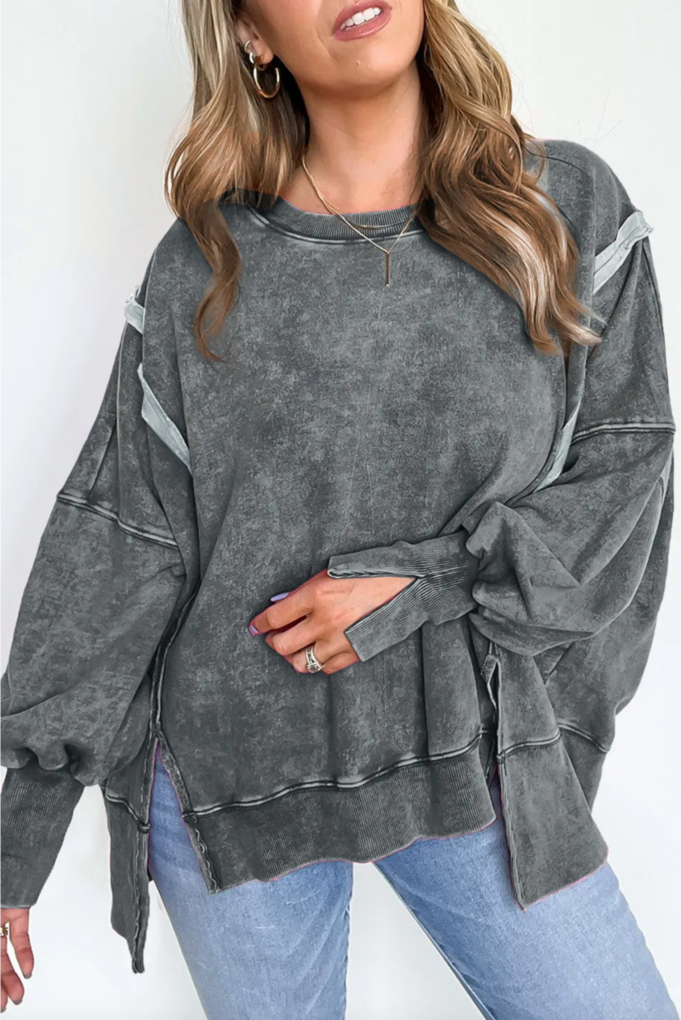 Gray Acid Wash Relaxed Fit Seamed Pullover Sweatshirt with Slits