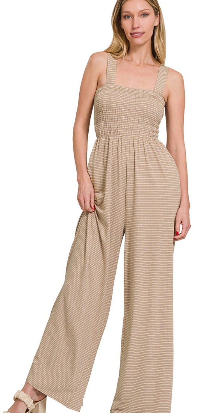 SMOCKED TOP STRIPED JUMPSUIT