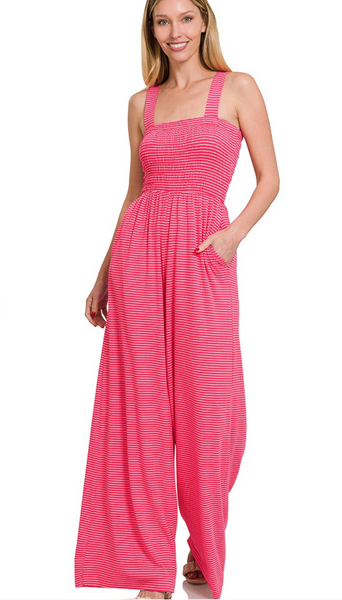 SMOCKED TOP STRIPED JUMPSUIT