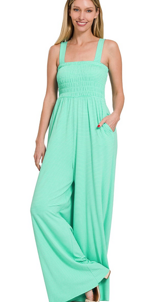 SMOCKED TOP STRIPED JUMPSUIT