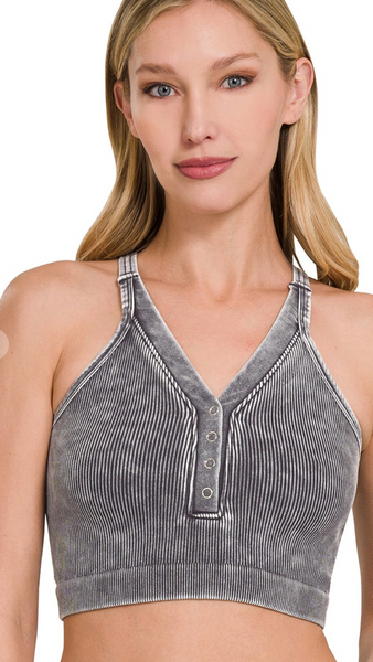 WASHED RIBBED CROPPED BUTTON V-NECK TANK TOP