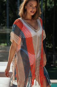 Multicolor Striped Tassel Crochet V Neck Beach Cover Up - GENEROUS FIT