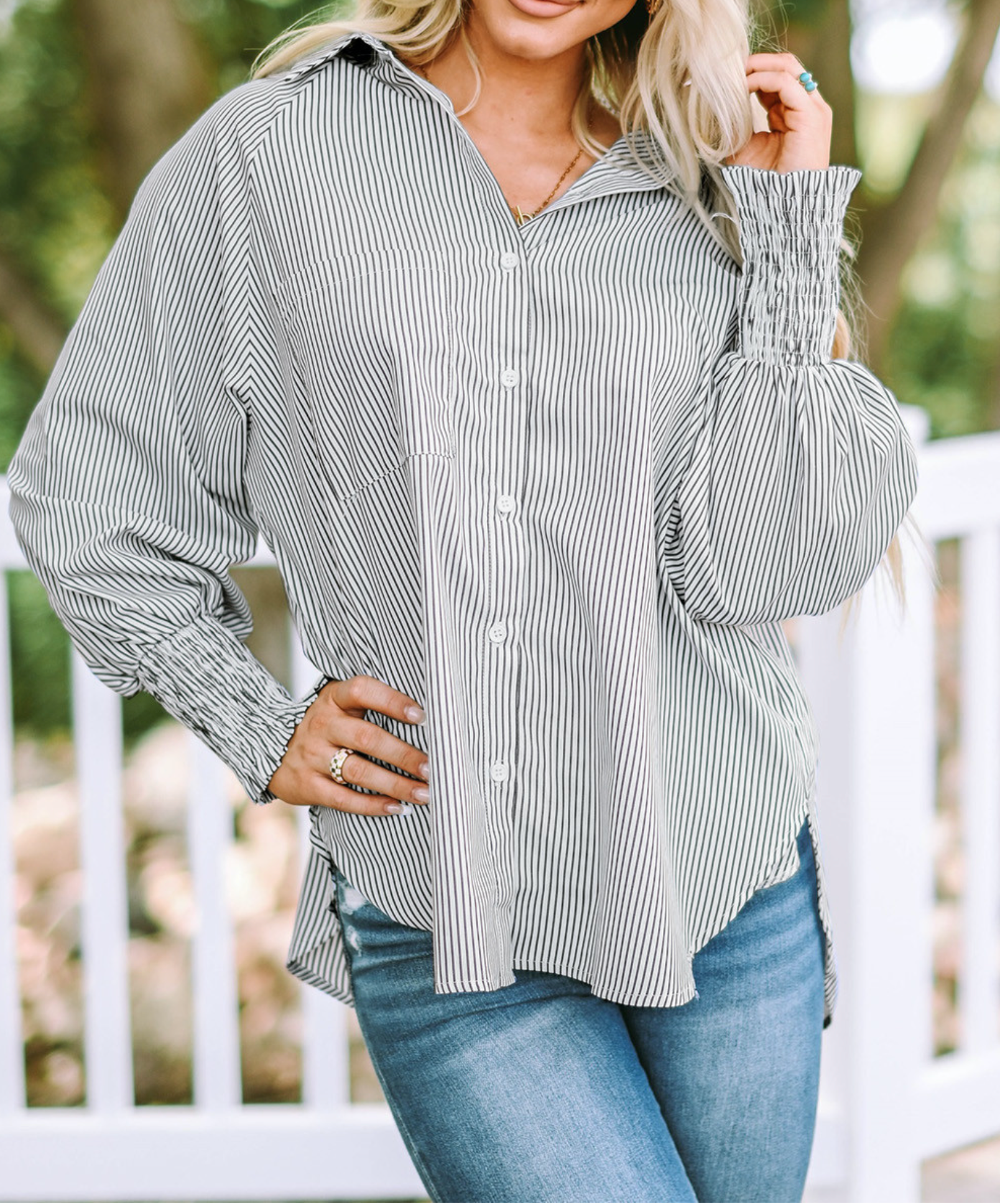 Smocked Cuffed Striped Boyfriend Shirt with Pocket