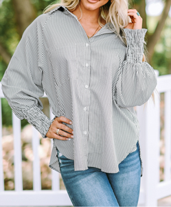 Smocked Cuffed Striped Boyfriend Shirt with Pocket