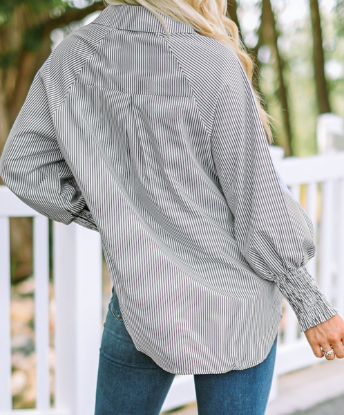 Smocked Cuffed Striped Boyfriend Shirt with Pocket