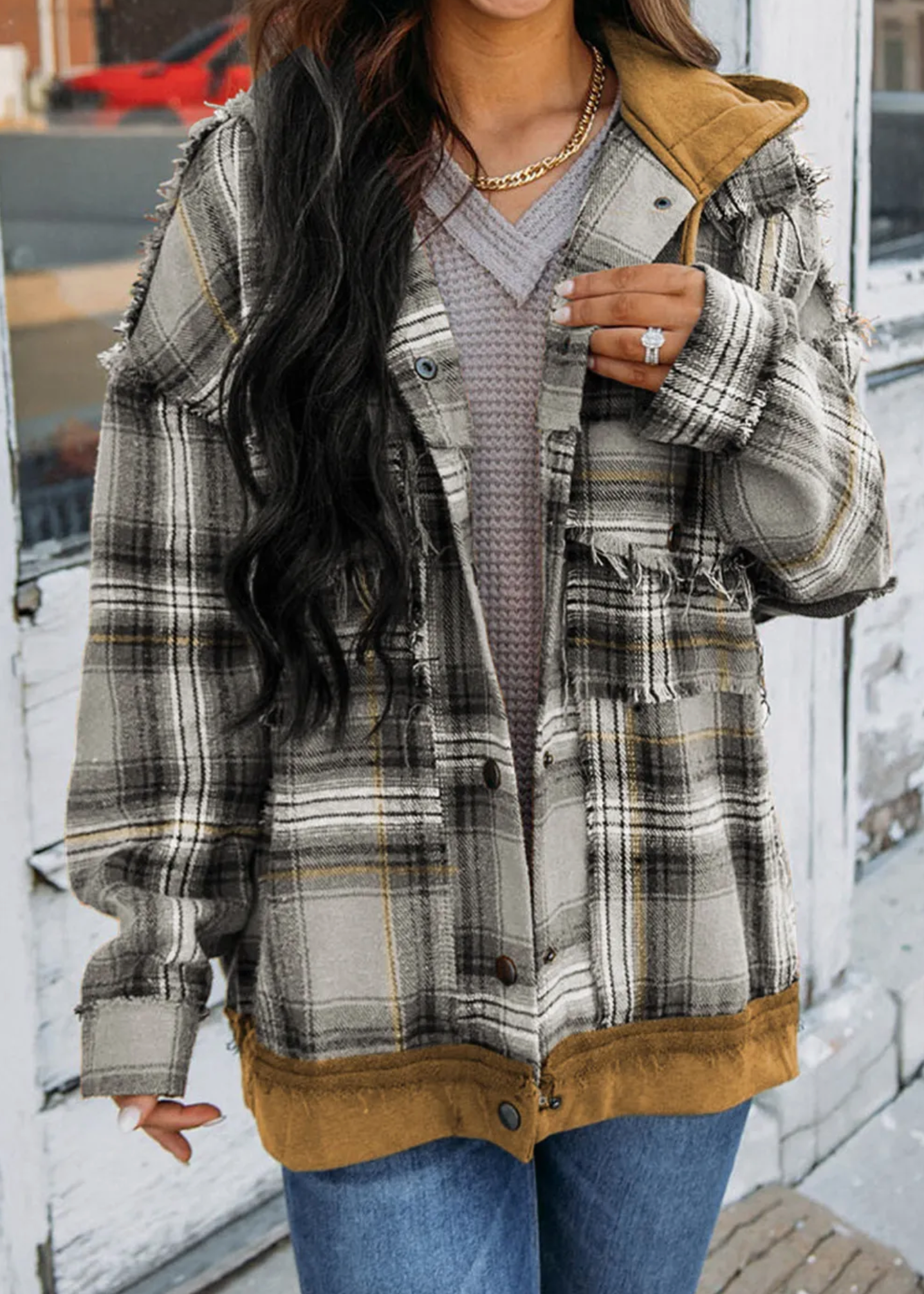 Medium Grey Plaid Patch Hooded Frayed Snap Button Jacket