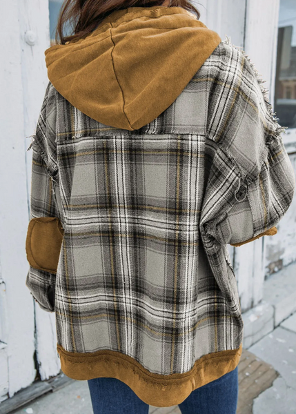 Medium Grey Plaid Patch Hooded Frayed Snap Button Jacket