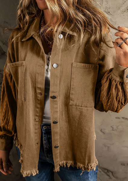 Textured Knit Sleeves Patchwork Raw Hem Denim Jacket