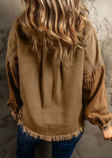 Textured Knit Sleeves Patchwork Raw Hem Denim Jacket