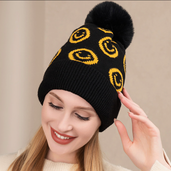 Smile Patterned Faux Fur Pom Pom Beanie