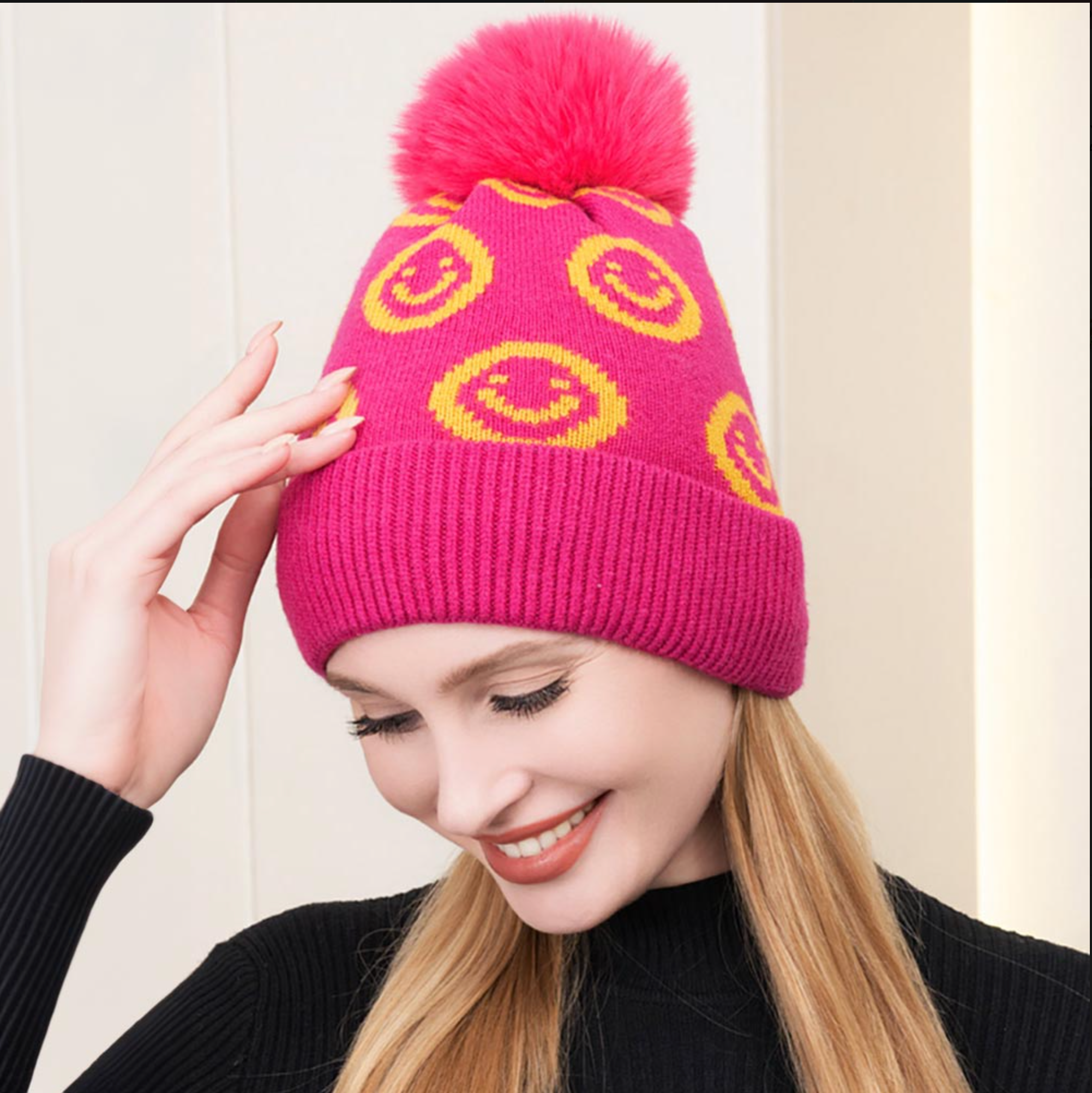 Smile Patterned Faux Fur Pom Pom Beanie