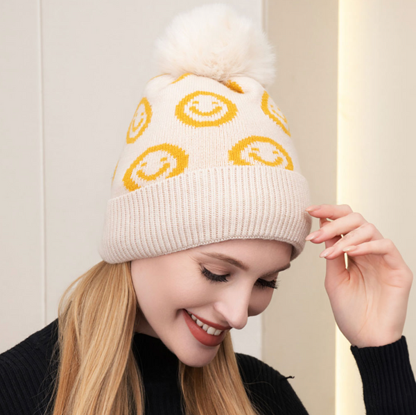Smile Patterned Faux Fur Pom Pom Beanie