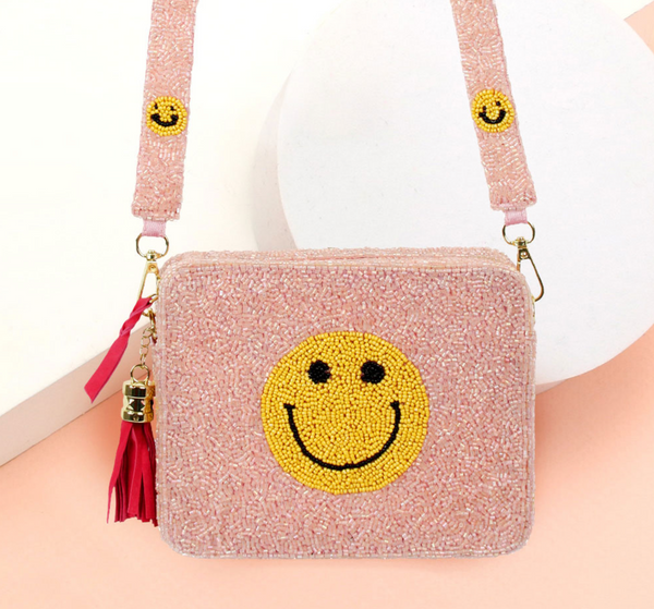 Seed Beaded Patterned Rectangle Tassel Crossbody Bag