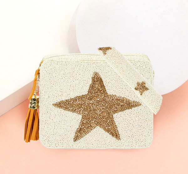 Seed Beaded Patterned Rectangle Tassel Crossbody Bag