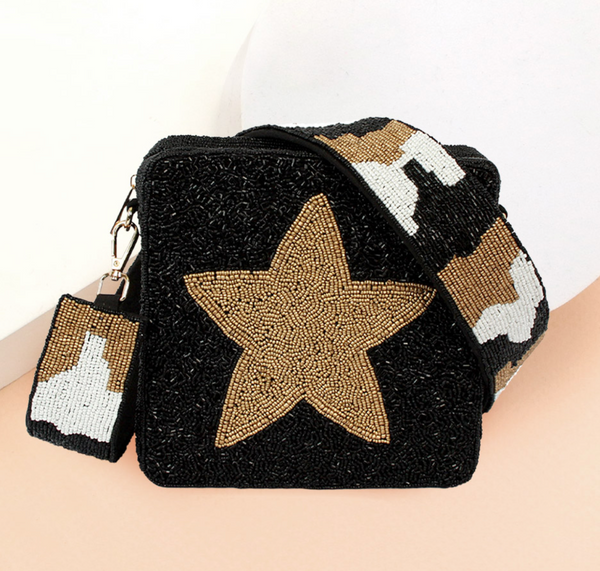 Seed Beaded Patterned Rectangle Tassel Crossbody Bag