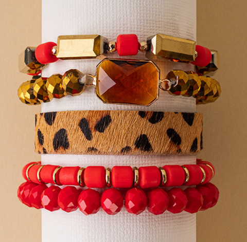Leopard and Beaded Bracelet - Red (74725)