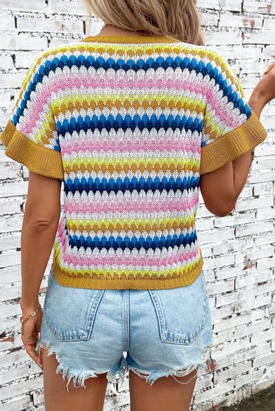 Khaki Trimmed Ruffle Sleeve Colorful Textured Sweater