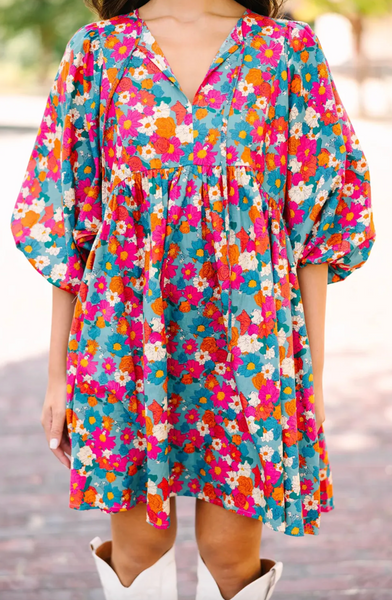 Sky Blue Floral Print Tie Split Neck Bubble Sleeve Babydoll Dress
