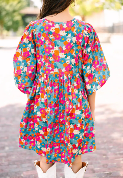 Sky Blue Floral Print Tie Split Neck Bubble Sleeve Babydoll Dress