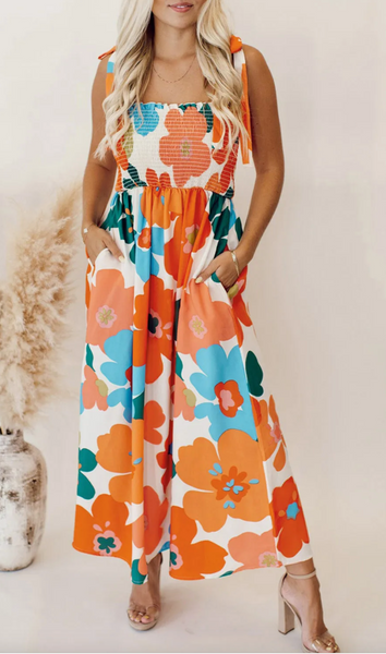 Orange Floral Self Tied Straps Smocked Bust Maxi Dress