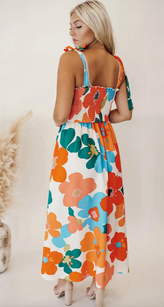 Orange Floral Self Tied Straps Smocked Bust Maxi Dress