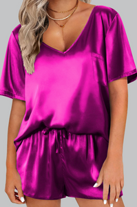 Bright Pink Satin V Neck Tee and Drawstring Shorts Set