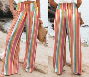 Multicolor Striped Smocked High Waist Wide Leg Pants
