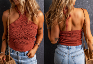Red Clay Knit Crochet Halter Neck Backless Tank Top